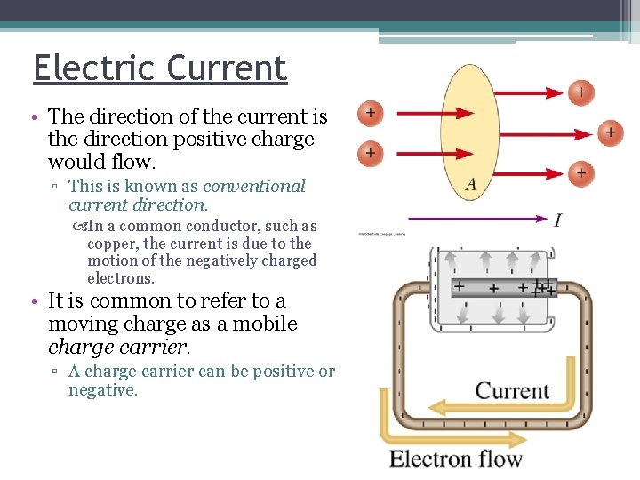 Electric Current • The direction of the current is the direction positive charge would