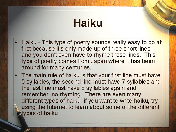 Haiku • Haiku - This type of poetry sounds really easy to do at