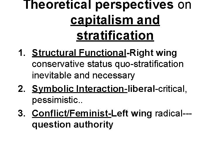  Theoretical perspectives on capitalism and stratification 1. Structural Functional-Right wing conservative status quo-stratification