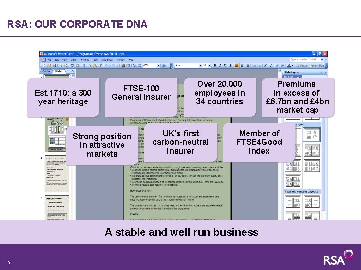 RSA: OUR CORPORATE DNA Est. 1710: a 300 year heritage FTSE-100 General Insurer Strong