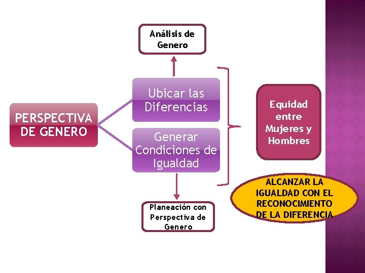 Análisis de Genero PERSPECTIVA DE GENERO Ubicar las Diferencias Generar Condiciones de Igualdad Planeación