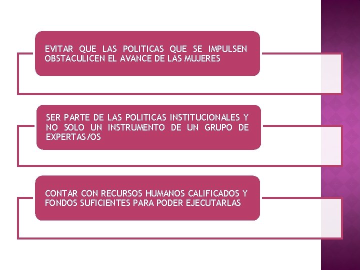 EVITAR QUE LAS POLITICAS QUE SE IMPULSEN OBSTACULICEN EL AVANCE DE LAS MUJERES SER