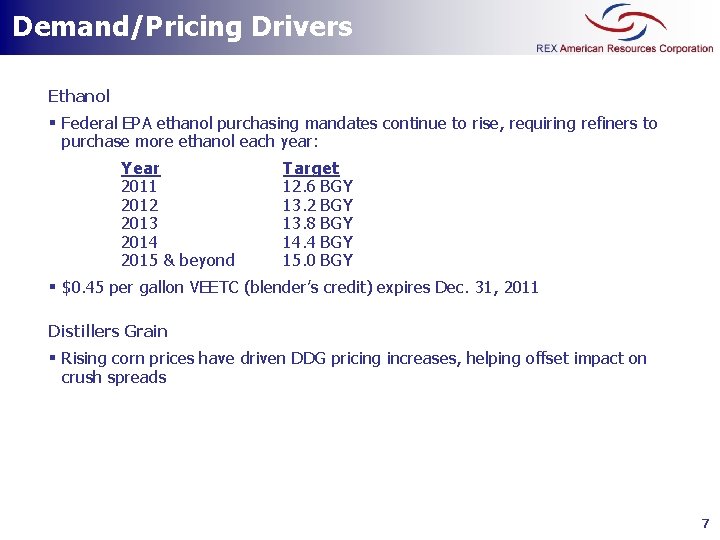 Demand/Pricing Drivers Ethanol § Federal EPA ethanol purchasing mandates continue to rise, requiring refiners