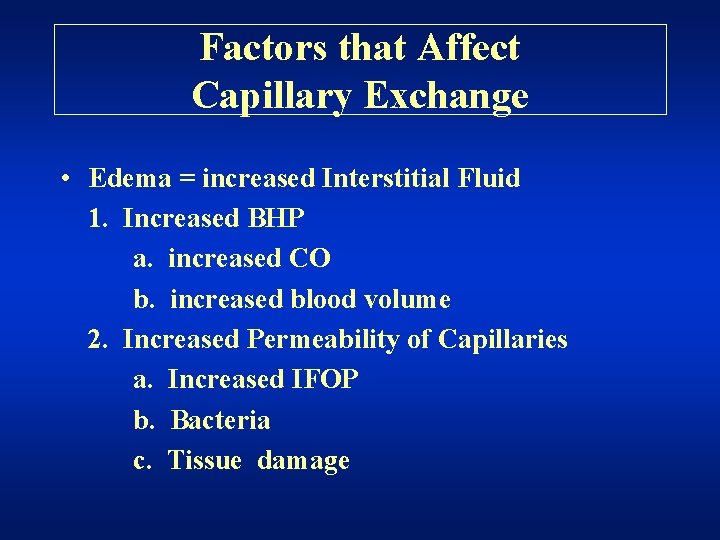 Factors that Affect Capillary Exchange • Edema = increased Interstitial Fluid 1. Increased BHP