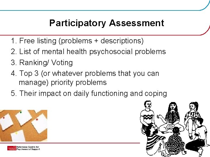 Participatory Assessment 1. Free listing (problems + descriptions) 2. List of mental health psychosocial