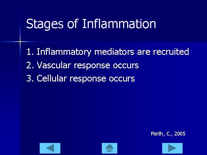 Stages of Inflammation 1. Inflammatory mediators are recruited 2. Vascular response occurs 3. Cellular