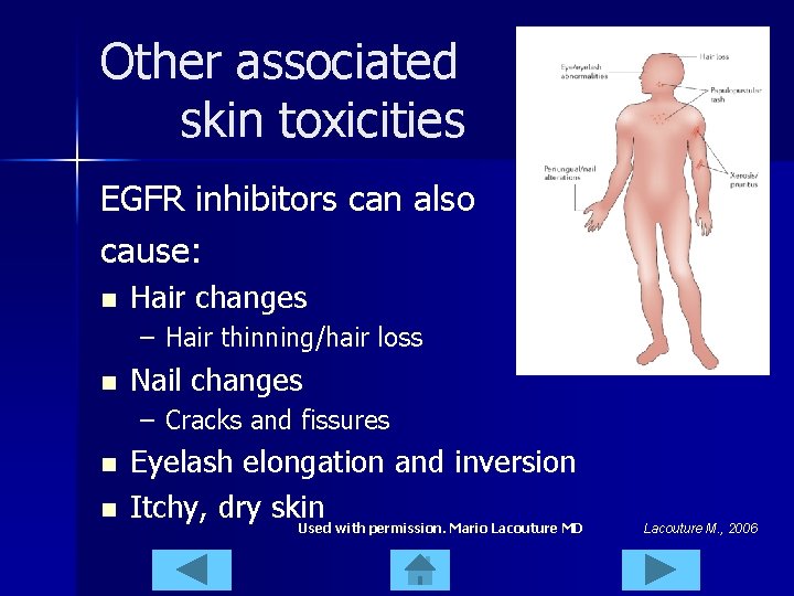 Other associated skin toxicities EGFR inhibitors can also cause: n Hair changes – Hair