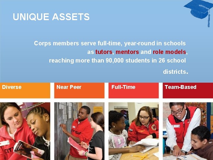 UNIQUE ASSETS Corps members serve full-time, year-round in schools as tutors, mentors and role