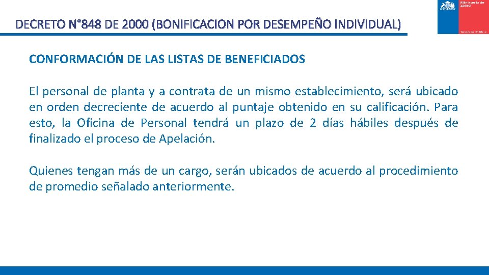 DECRETO N° 848 DE 2000 (BONIFICACION POR DESEMPEÑO INDIVIDUAL) CONFORMACIÓN DE LAS LISTAS DE