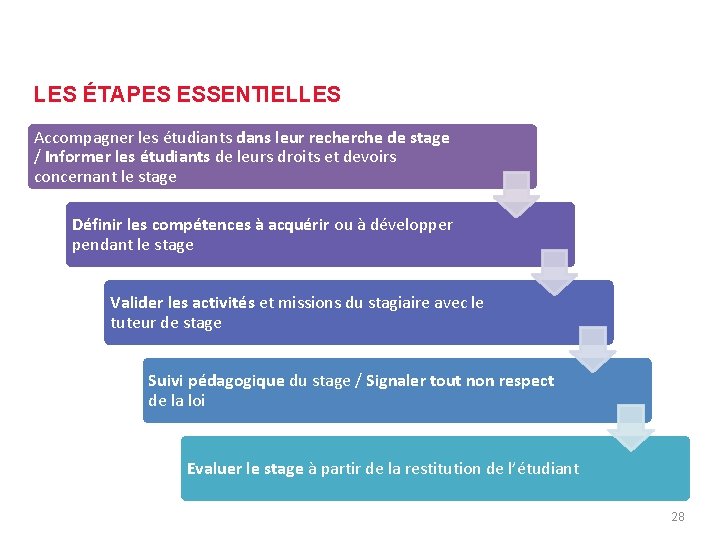 LOI SUR L’ENCADREMENT DES STAGES Schéma récapitulatif LES ÉTAPES ESSENTIELLES Accompagner les étudiants dans