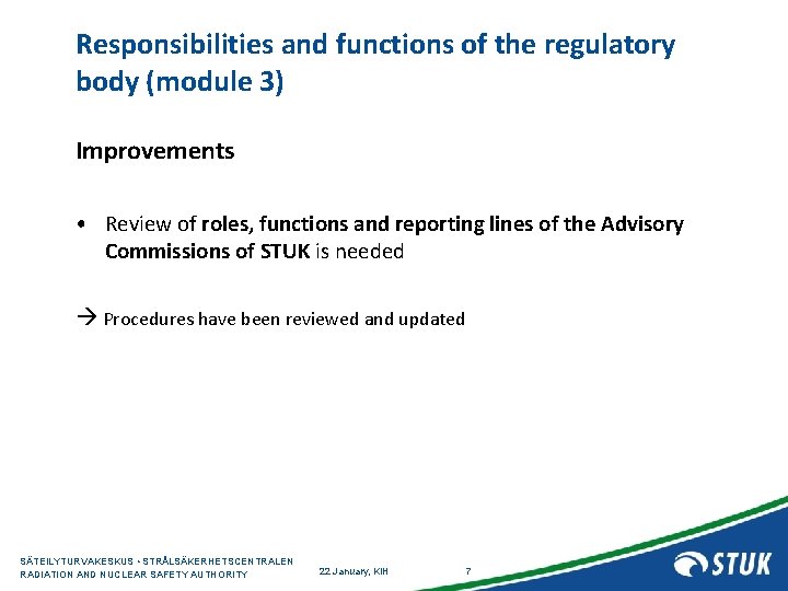 Responsibilities and functions of the regulatory body (module 3) Improvements • Review of roles,