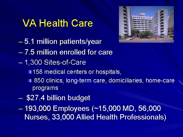 VA Health Care – 5. 1 million patients/year – 7. 5 million enrolled for