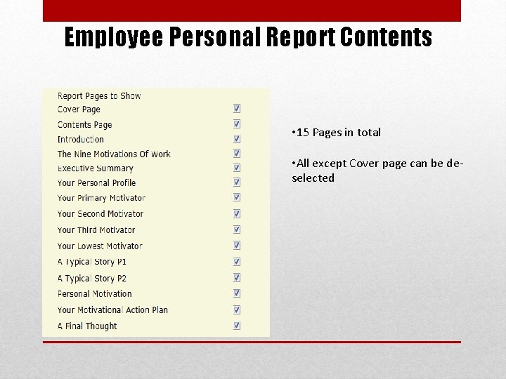 Employee Personal Report Contents • 15 Pages in total • All except Cover page