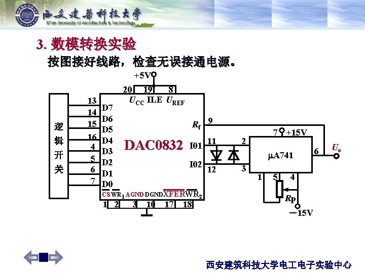 6 3. 数模转换实验 按图接好线路，检查无误接通电源。 +5 V 逻 辑 开 关 13 14 15 16