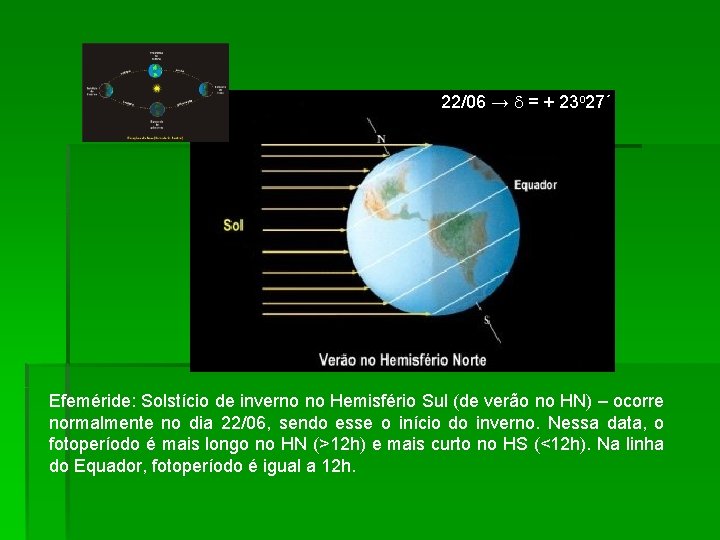 22/06 → = + 23 o 27´ Efeméride: Solstício de inverno no Hemisfério Sul