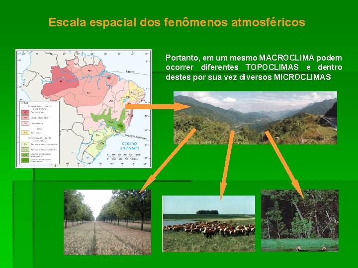 Escala espacial dos fenômenos atmosféricos Portanto, em um mesmo MACROCLIMA podem ocorrer diferentes TOPOCLIMAS