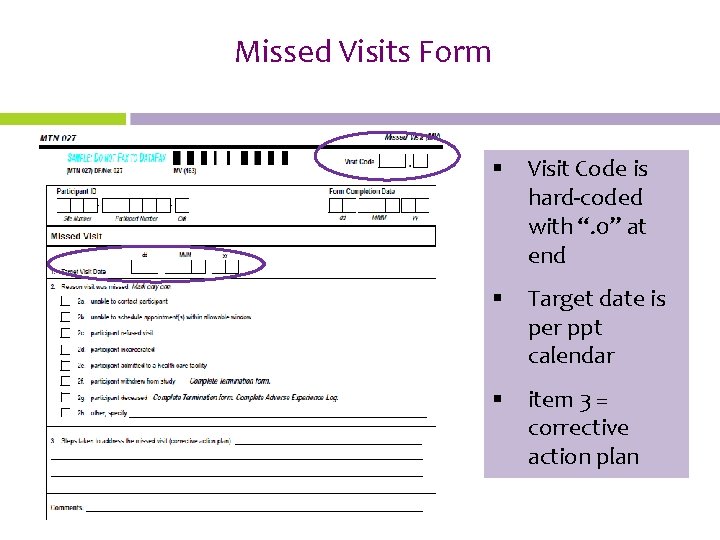 Missed Visits Form § Visit Code is hard-coded with “. 0” at end §