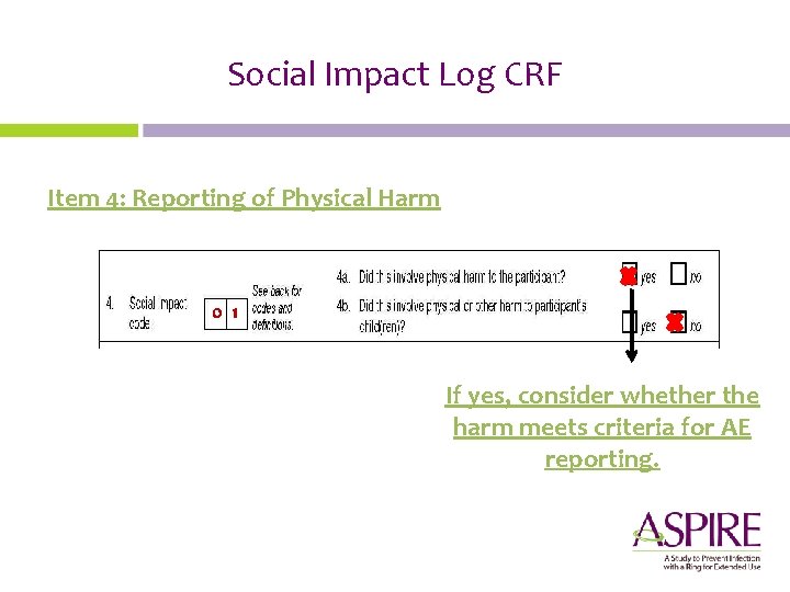 Social Impact Log CRF Item 4: Reporting of Physical Harm 0 1 If yes,