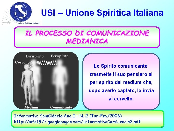 USI – Unione Spiritica Italiana IL PROCESSO DI COMUNICAZIONE MEDIANICA Lo Spirito comunicante, trasmette