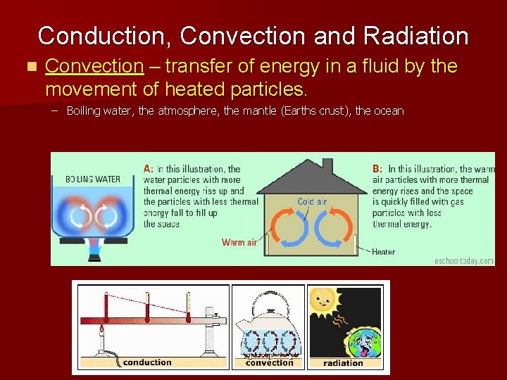 Conduction, Convection and Radiation n Convection – transfer of energy in a fluid by