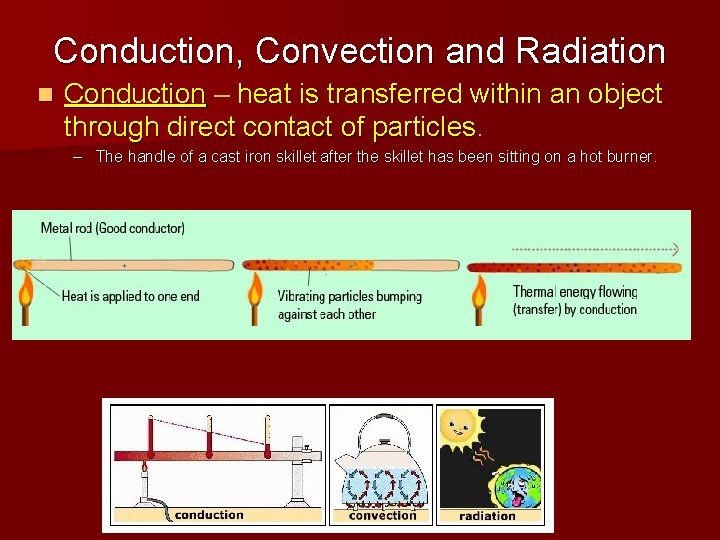Conduction, Convection and Radiation n Conduction – heat is transferred within an object through