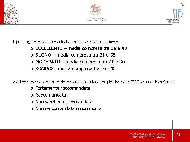 Il punteggio medio è stato quindi classificato nel seguente modo: o o ECCELLENTE – Il punteggio medio è stato quindi classificato nel seguente modo: o o ECCELLENTE –