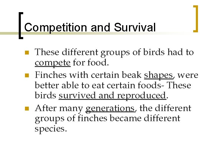 Competition and Survival n n n These different groups of birds had to compete