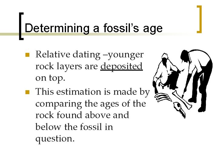 Determining a fossil’s age n n Relative dating –younger rock layers are deposited on