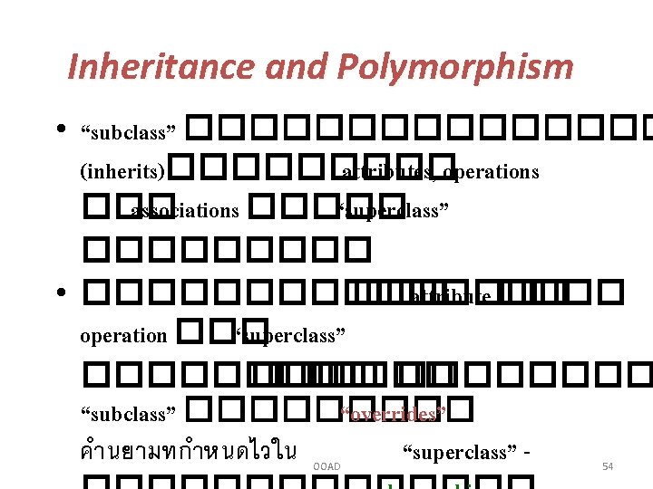 Inheritance and Polymorphism • “subclass” �������� (inherits)����� attributes, operations ��� associations ����� “superclass” �����