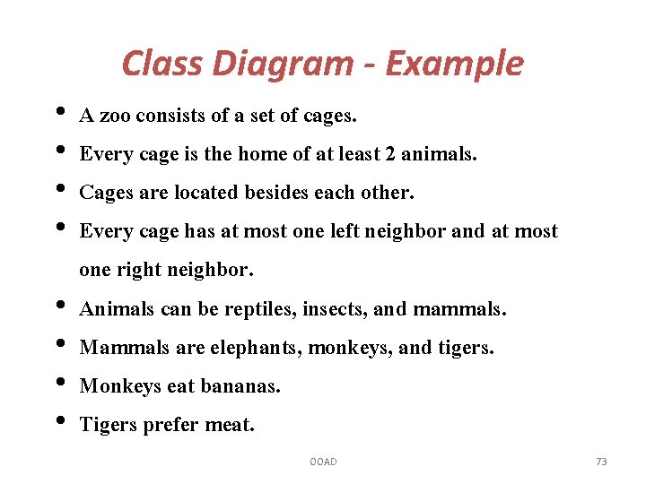 Class Diagram - Example • • A zoo consists of a set of cages.