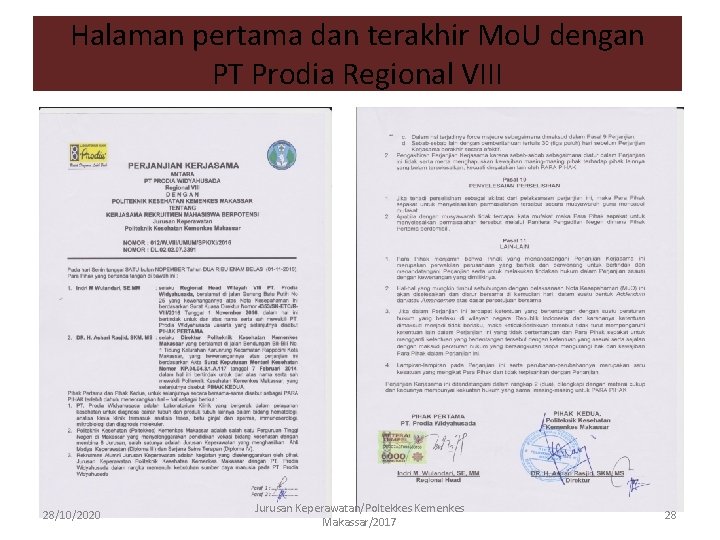 Halaman pertama dan terakhir Mo. U dengan PT Prodia Regional VIII 28/10/2020 Jurusan Keperawatan/Poltekkes