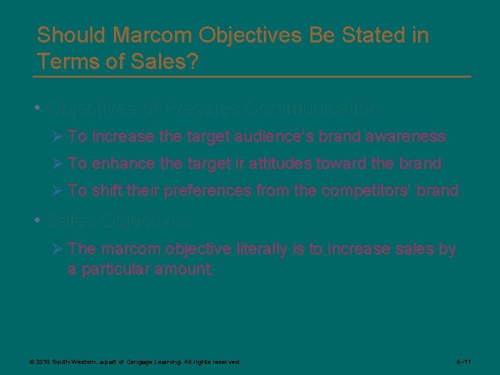 Should Marcom Objectives Be Stated in Terms of Sales? • Objectives of Presales Communication