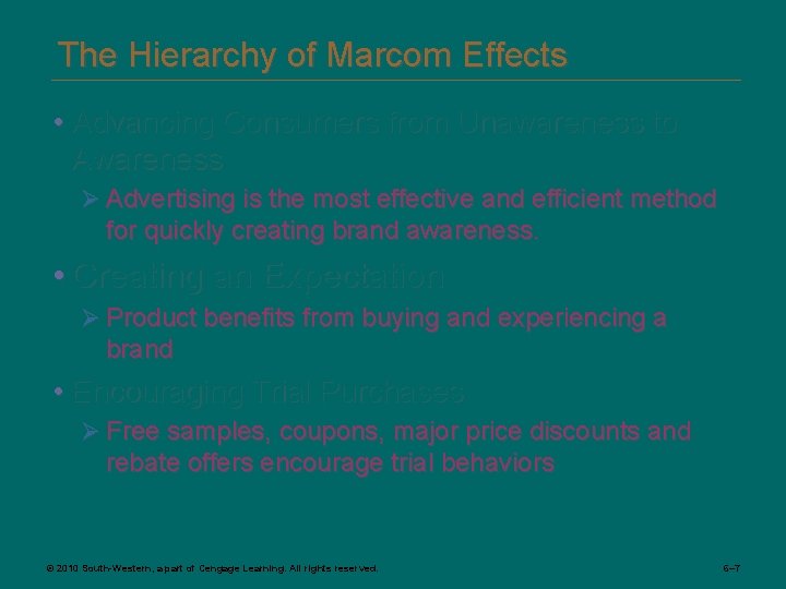 The Hierarchy of Marcom Effects • Advancing Consumers from Unawareness to Awareness Ø Advertising