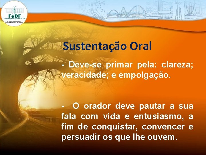 Sustentação Oral - Deve-se primar pela: clareza; veracidade; e empolgação. - O orador deve