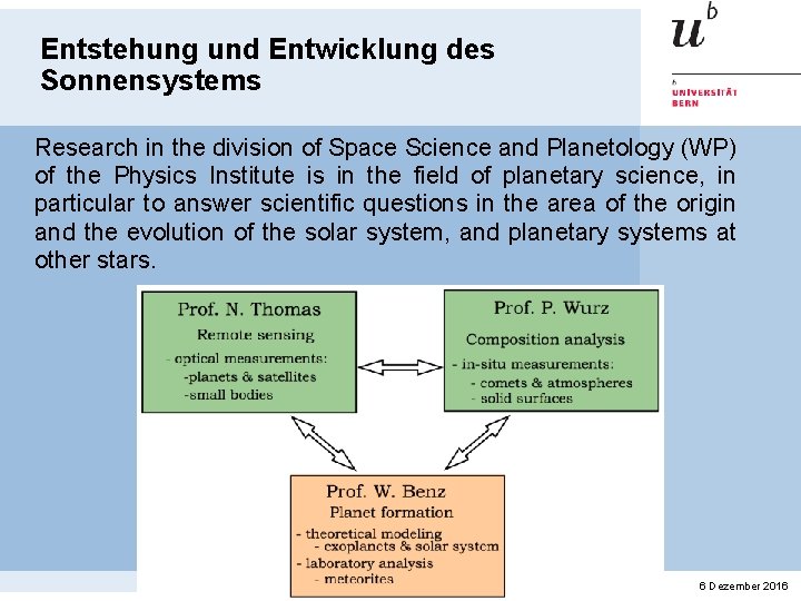 Entstehung und Entwicklung des Sonnensystems Research in the division of Space Science and Planetology