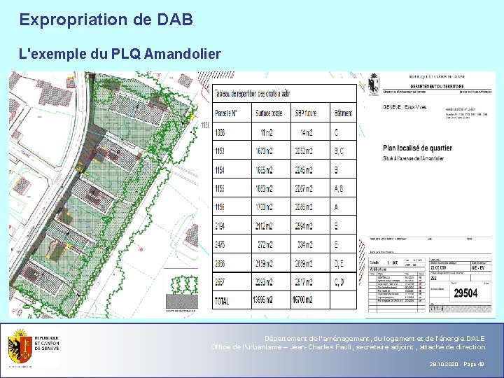Expropriation de DAB L'exemple du PLQ Amandolier Département de l'aménagement, du logement et de
