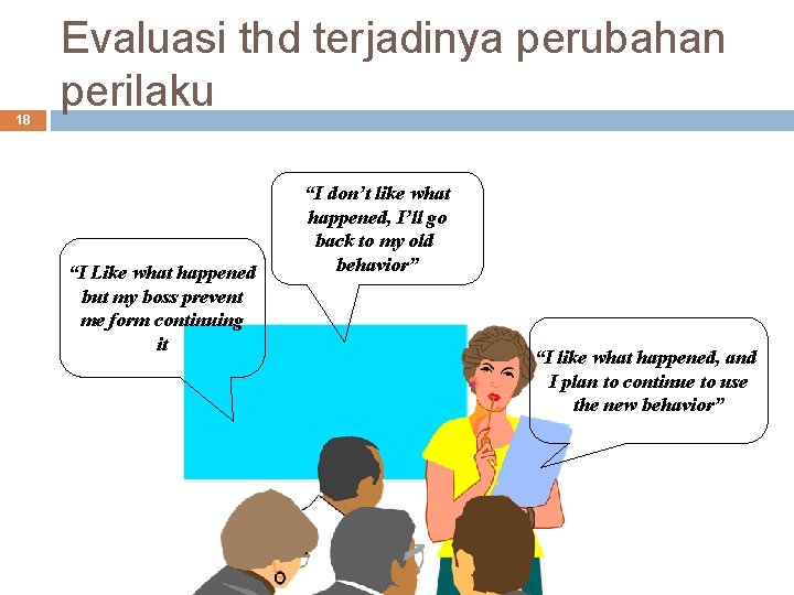 18 Evaluasi thd terjadinya perubahan perilaku “I Like what happened but my boss prevent