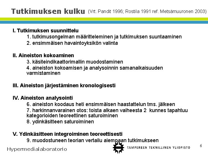 Tutkimuksen kulku (Vrt. Pandit 1996; Rostila 1991 ref. Metsämuuronen 2003) I. Tutkimuksen suunnittelu 1.