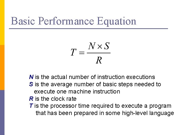 Basic Performance Equation N is the actual number of instruction executions S is the