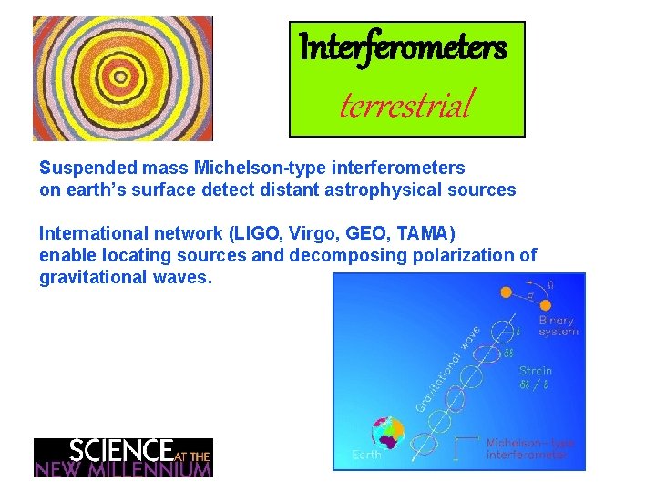 Interferometers terrestrial Suspended mass Michelson-type interferometers on earth’s surface detect distant astrophysical sources International