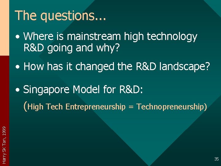 The questions. . . • Where is mainstream high technology R&D going and why?