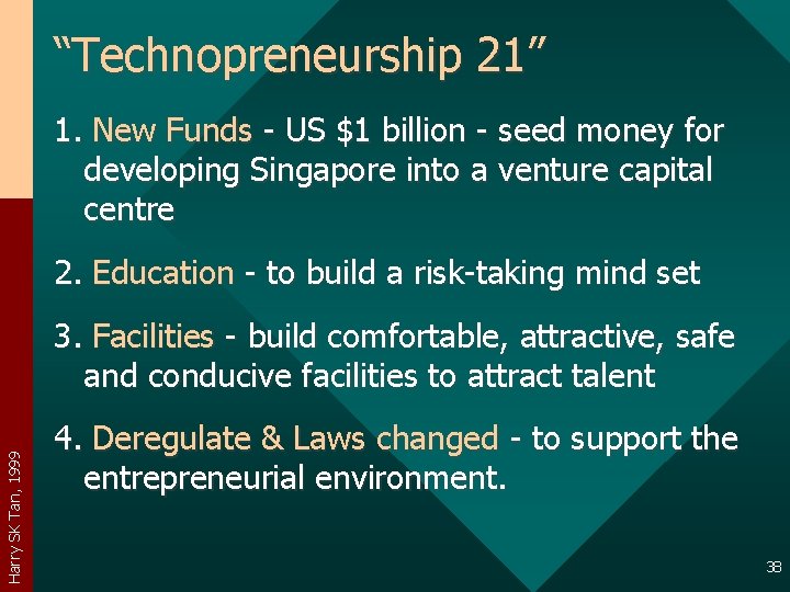 “Technopreneurship 21” 1. New Funds - US $1 billion - seed money for developing