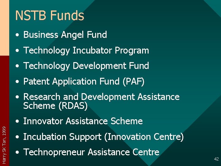 NSTB Funds • Business Angel Fund • Technology Incubator Program • Technology Development Fund