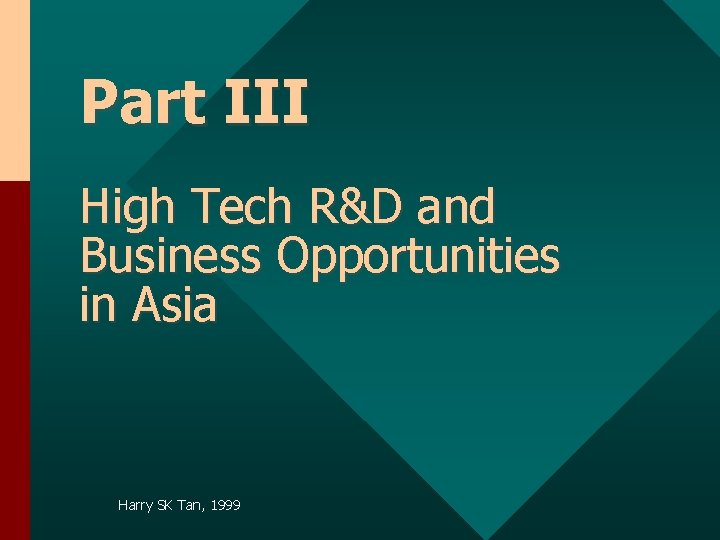 Part III High Tech R&D and Business Opportunities in Asia Harry SK Tan, 1999