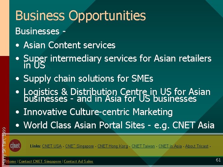Harry SK Tan, 1999 Business Opportunities Businesses • Asian Content services • Super intermediary