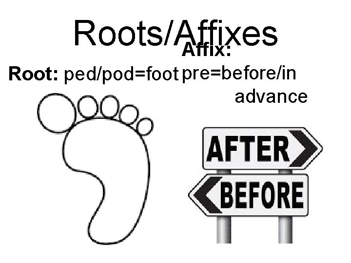 Roots/Affixes Affix: Root: ped/pod=foot pre=before/in advance 