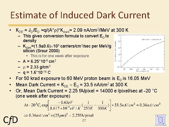 Estimate of Induced Dark Current • KDE = JD/ED =q/(A* )*Kdark= 2. 09 n.