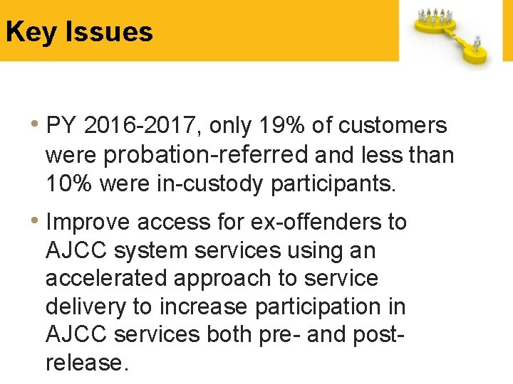 Key Issues • PY 2016 -2017, only 19% of customers were probation-referred and less