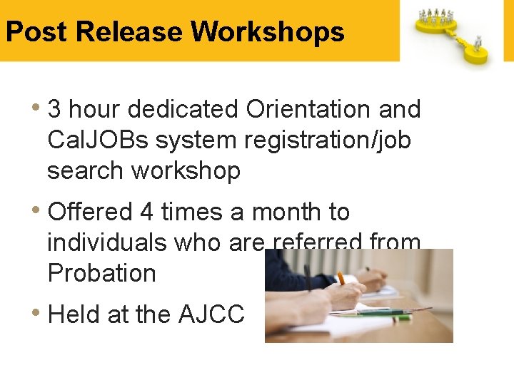 Post Release Workshops • 3 hour dedicated Orientation and Cal. JOBs system registration/job search