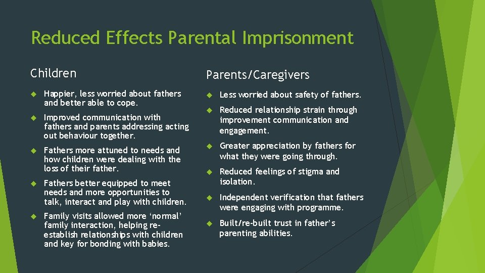 Reduced Effects Parental Imprisonment Children Happier, less worried about fathers and better able to